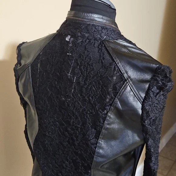 Streetwear Society Black Faux Leather Lace Insert Moto Jacket Small - Picture 5 of 15